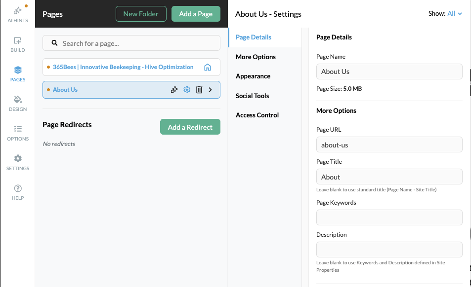 Page SEO settings — URL, title, description